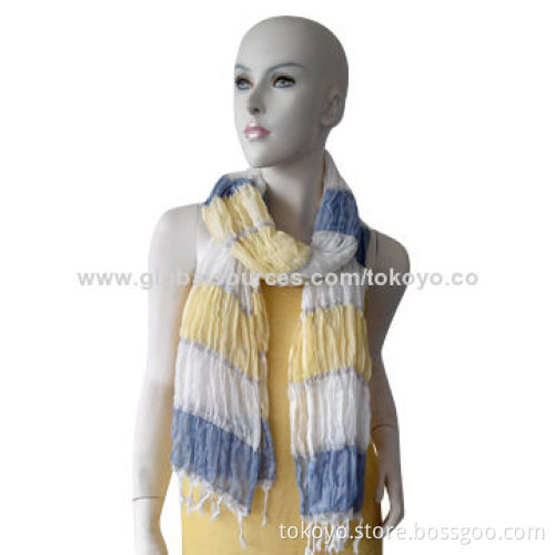 Woven scarf with yarn dyed and elastic, measures 160*35+8cm tassels, made of viscose and modal
